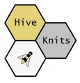 hive knits logo: 3 hexagons tessalate; one yellow one grey and one white. the words 'hive' and 'knits' occupy two hexagons and a line drawing of a bee occupies the third.