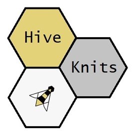 hive knits logo: 3 hexagons tessalate; one yellow one grey and one white. the words 'hive' and 'knits' occupy two hexagons and a line drawing of a bee occupies the third.